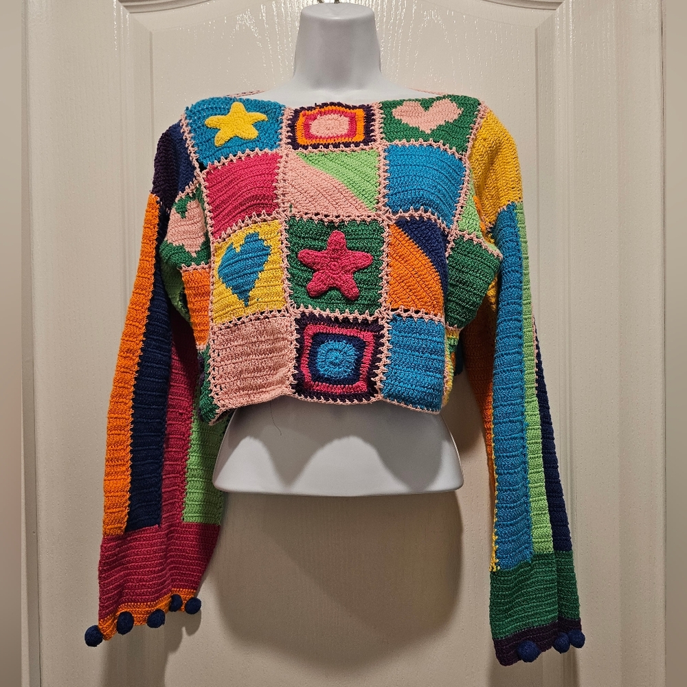 Wild Orange Tree Crochet Jumper Sweater M/L Bright Multicolor Summer Maximalism